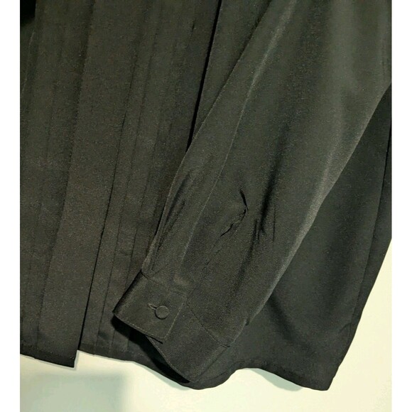 Vintage 80s Black Poly Pleated Front Secretary Blouse 12 L Padded Shoulder - Picture 4 of 4